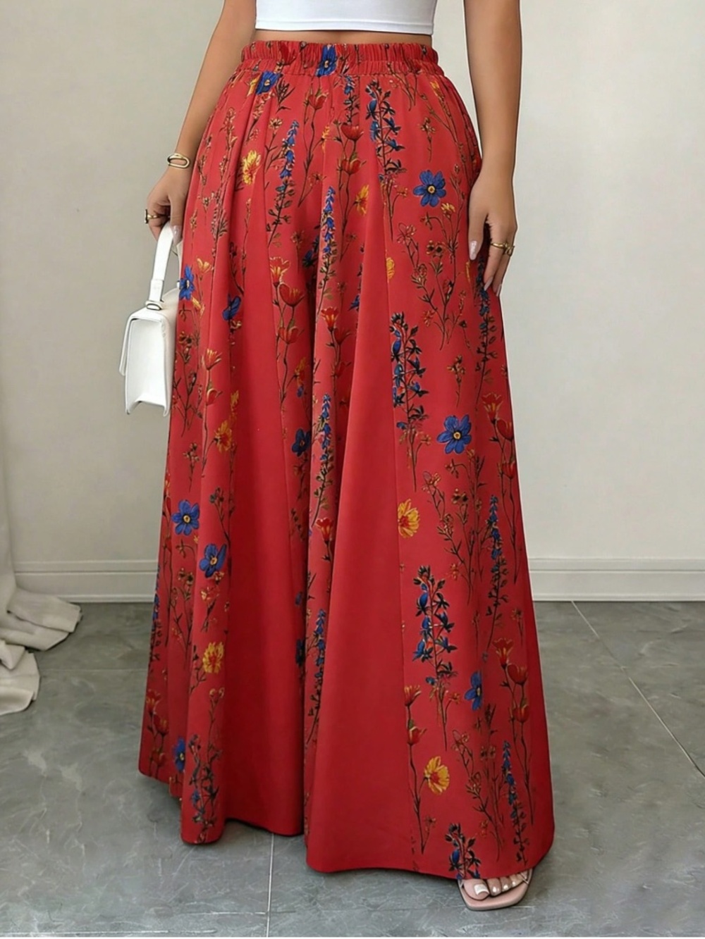 Boho Floral Print Stretchy Pants Wide Leg Flowy Pants - Picture 2 of 9